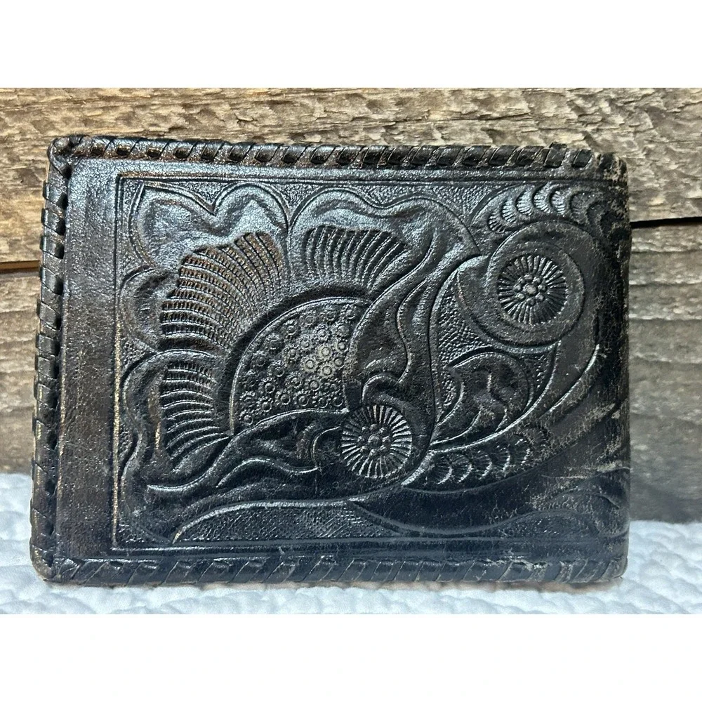 VTG Tooled Leather Wallet Mens Black Bifold Floral Embossed Western Braided Edge